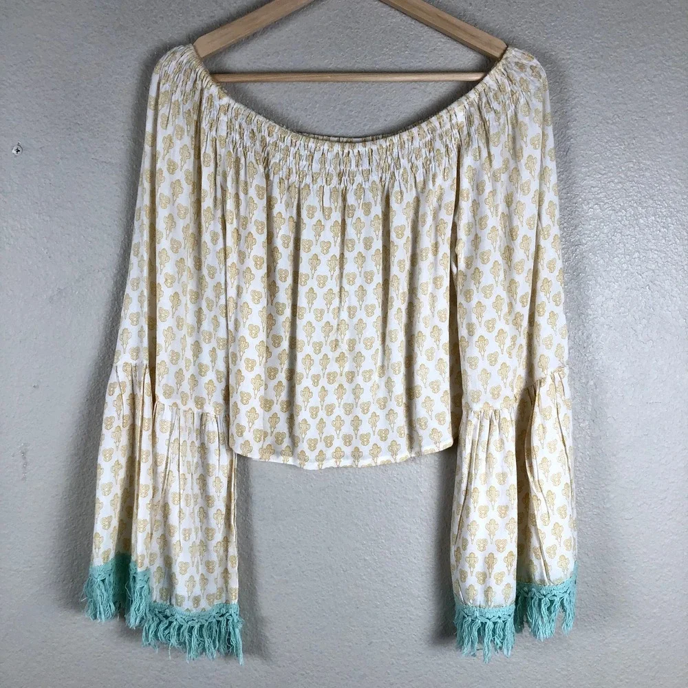 Anthropologie Raga Shirt Womens X Small Yellow Geo Cropped Fringe Bohemian Boho